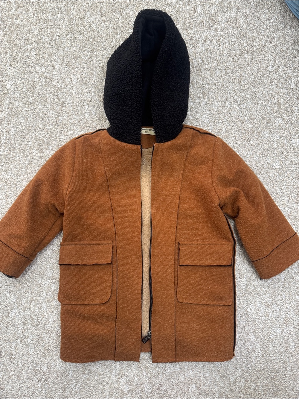 Children's Brown Hooded Pea Coat with Black Sherpa Lining